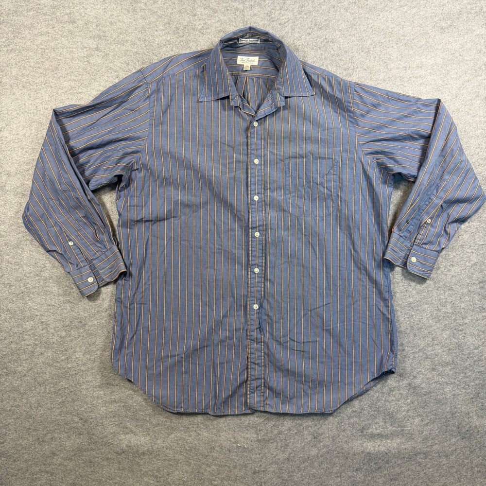 Paul Fredrick Mens Broadcloth Button Down Shirt 16.5-34 Blue Striped Cotton